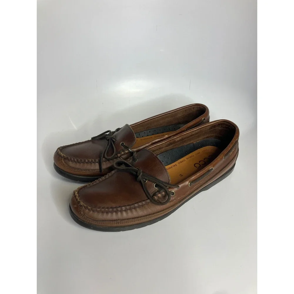 ECCO Boat Shoes Mens 44 Brown Good Leather Loafers Moc Toe Casual Slip On